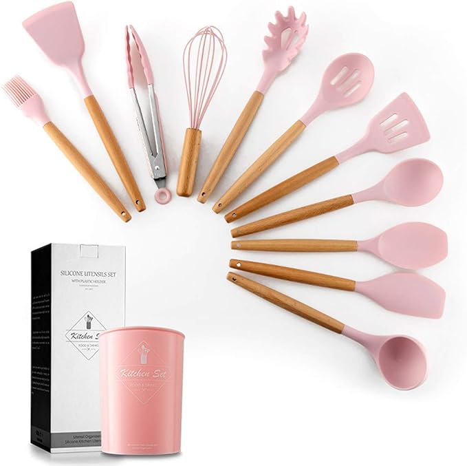 11 pieces of silicone cookware set heat-resistant wooden handle kitchen gadget storage bucket non-stick cookware (Pink)