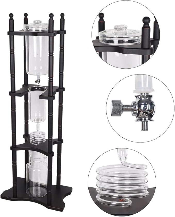 Ice Drip Coffee Tower Cold Brew Coffee Maker with Slow Drip Technology 2L/67.63oz (About 25 Cups) Glass and Solid Wood Frame Retro Design for Home Office or Commercial Use
