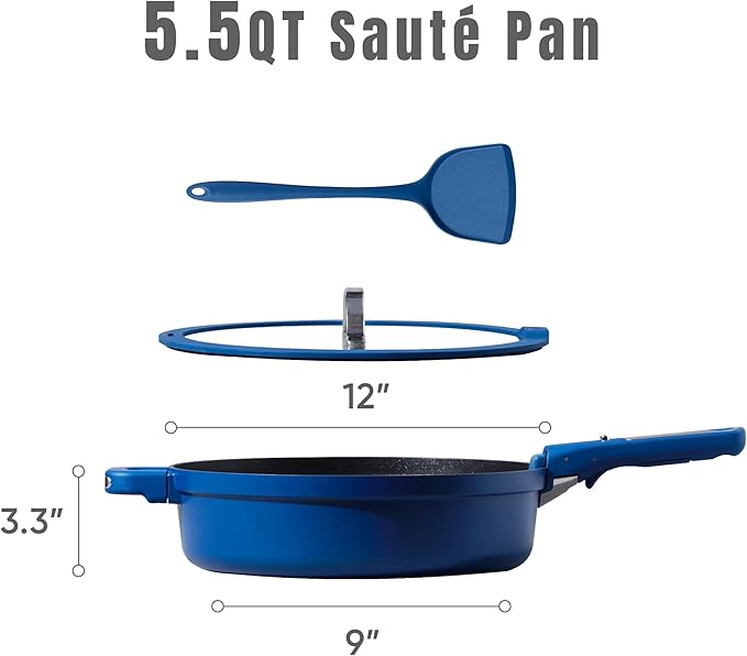 CAROTE 4pcs Non Stick Frying Skillet with Lid 12inch Nonstick Large Deep Frying Pan 5.5Qt Saute Induction Pan Cooking Set with Detachable/Removable HandleOven/Dishwasher Safe