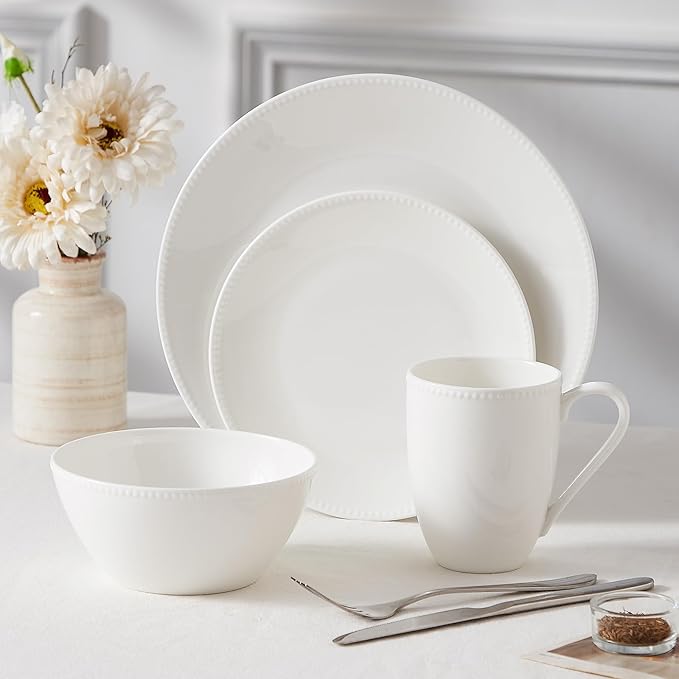 Silvanest16 Piece Bone China Dinnerware Set Embossed Plates Bowls Chip-Resistant Lightweight Elegant and Durable Service for 4 White