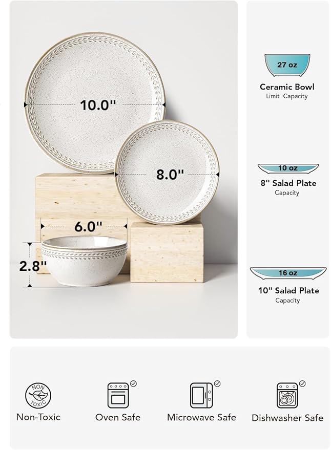 LE TAUCI Dinnerware Sets for 4 12 Piece Ceramic Dish Set with Plates and Bowls | Oven/Dishwasher/Microwave Safe | Ideal for Housewarming | Reactive Beige (10 Plate+8 Dish+27oz Bowl)