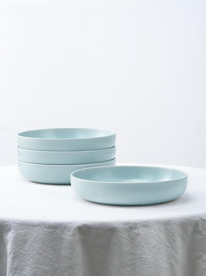 Famiware Milkyway Plates and Bowls Set 12 Pieces Dinnerware Sets and 4 Pieces Pasta Bowls Double Reactive Glaze Sturdy &amp Stackable Stoneware Dishes Set for 4 Light Blue