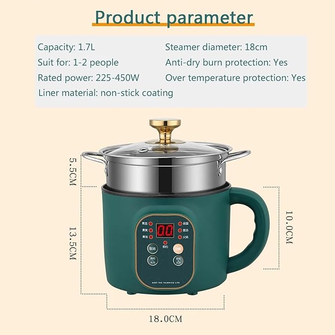 GRFIT Electric Cooking Machine 1.7L Rice Cooker Mini Soup Pot Food Steamer Multi-function Wok Hot Pot Porridge Maker (Color : Green Smart) jinyi2016SHOP-1998