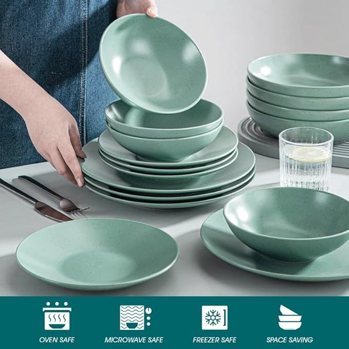 16 Piece Embossed Stoneware Tableware Set with Dinner Dessert Soup Plate Bowl Service for 4person