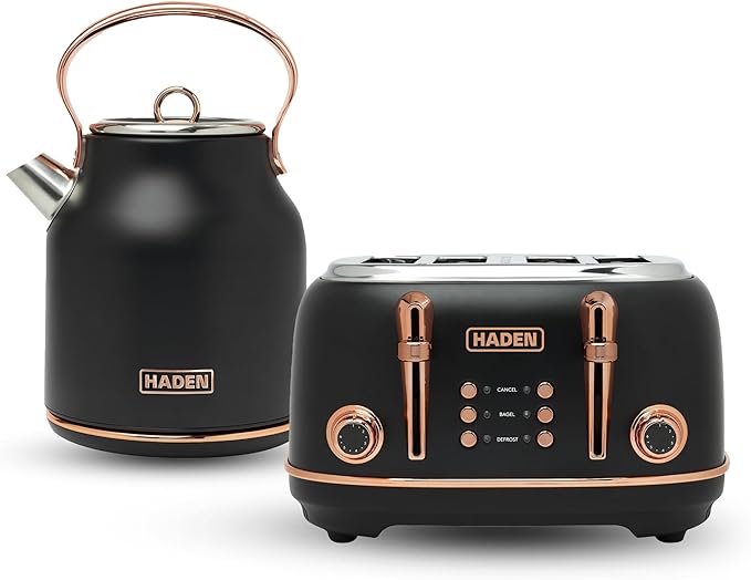 Haden Heritage 4 Slice Wide Slot Stainless Steel Toaster Bundled with 1.7 Liter Stainless Steel Electric Water Kettle Black &amp Copper