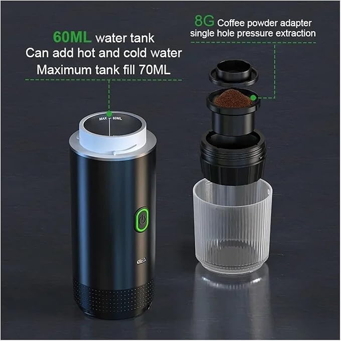 Wireless Electric Portable Espresso Coffee Machine For Car &amp Home Camping Coffee Maker 3-in-1 Capsule Powder Travel Coffee Maker(Metallic grey)