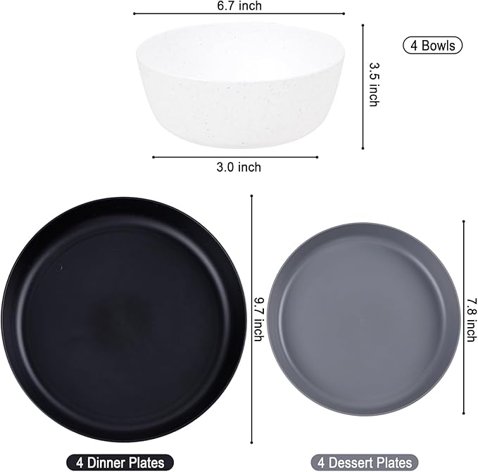 EI 12pcs Wheat Straw PlatesWheat Straw Dinnerware SetPlate and Bowls SetsPlastic Plates Reusable-WhiteBlackGreyDark GreyDinner Plate Set of 4 KitchenPicnic