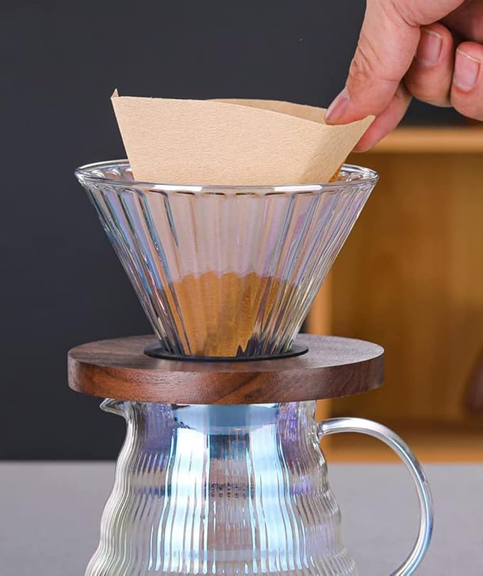 Pour Over Coffee Maker Set with Dripper500ml Glass Coffee Server SetV60 Glass Coffee Dripper with Wood Base for Home Office Gift