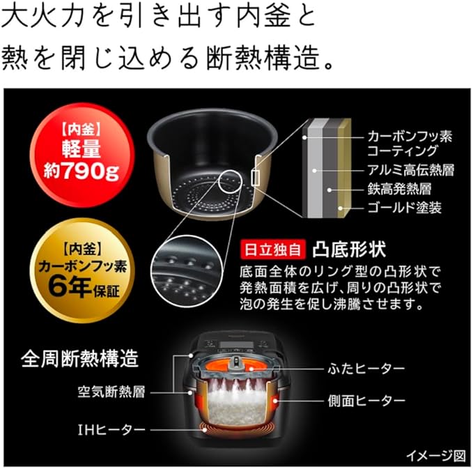 Hitachi RZ-W100FM K Rice Cooker 5.5 Cups Pressure &amp Steam IH Fluffy Gozen Jet Black Made in Japan Large Heat Power Boiling Iron Pot Steam Cut
