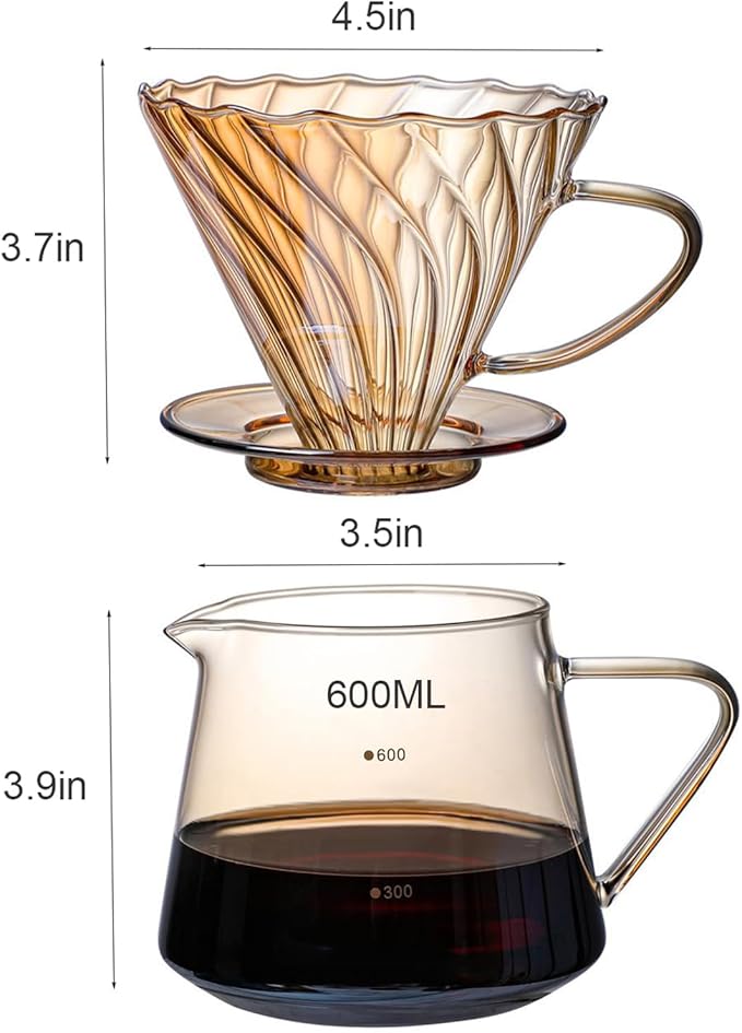 Pour Over Coffee Maker Set 600ML Glass Carafe Coffee Server with Dripper Set V60 Glass Coffee Filter for Home Office Gift 1-4 Cups (Gold)