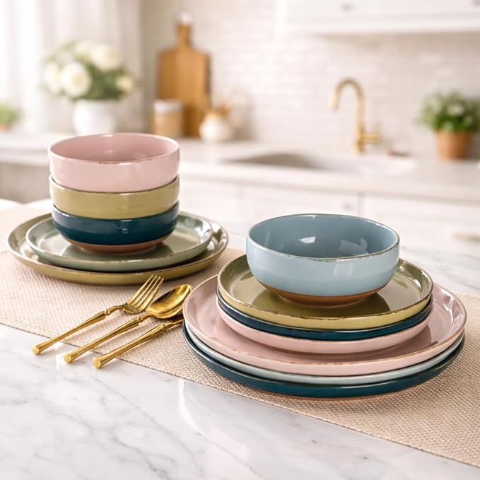 AmorArc Ceramic Dinnerware Sets for 4 12 Pieces Handpainted Plates and Bowls Set with Rustic Terracotta Underside Scratch Resistant Stoneware Dishes Set Dishwasher &amp Microwave Safe Multi-Color