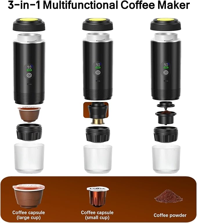 Cordless 20 Bar Auto-Heat Coffee Maker 3-in-1 Espresso Machines &amp Coffee Machine for Powder/Capsules Rechargeable Portable for Camping Travel RV Office (white)