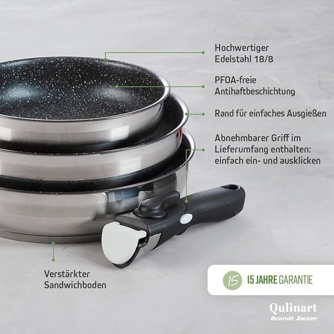 by Brandt 4-Piece Induction Cookware Set - Set of 3 Stainless Steel Frying Pans 20 24 and 26 cm with Removable Handle - Stainless Steel - Set for All Heat Sources - PFOA-Free - Silver