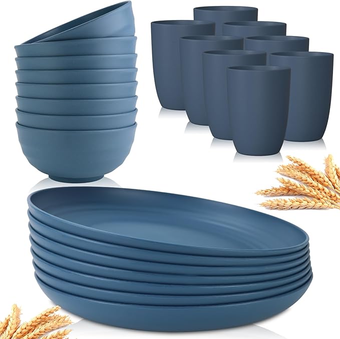 Homienly Plates and Bowls Sets of 8-24PCS Wheat Straw Dinnerware Set Serving Bowls Dinner Plate Microwave safe Cups for Kitchen (Blue)