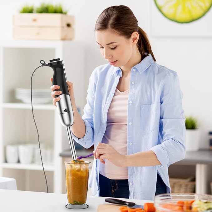 healthomse 5-In-1 Immersion Blender 800W 12-Speed Stainless Steel Hand Blender with Milk Frother Egg Whisk BPA-Free 500ml Chopper and 700ml Beaker with Lid for Soup Smoothie Baby Food