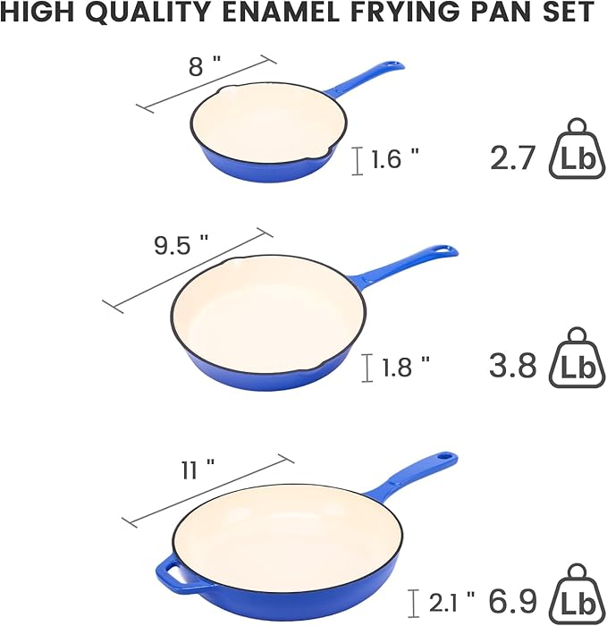 Hisencn Enameled Cast Iron Skillet - Ceramic Coated 8''/9.5''/11'' Fry Pan Set Gas/Induction/Electric/Oven Compatible 3 Size Frying Pans PTFE &amp PFOA Free Cast Iron Ceramic Cookware Cobalt Blu