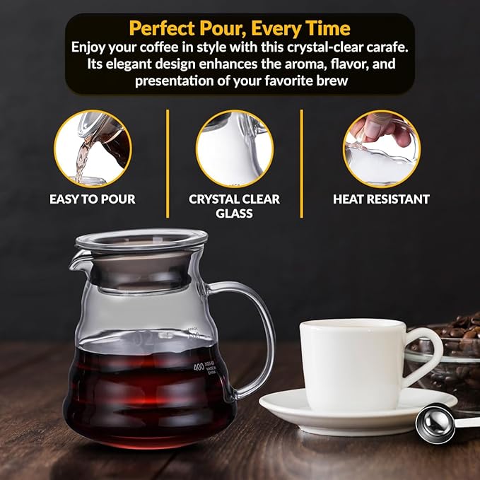 CASA BRAVA Glass Pour Over Coffee Maker Set – 28oz (850ml) Heat-Resistant Carafe with Stainless Steel Reusable Dripper Bamboo Stand &amp Measuring Spoon – Plastic-Free Drip Coffee Brewer