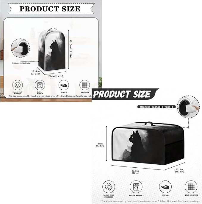 Ink Painting Black Cat Toaster Covers 4 Slice Wide Slot3Pcs Set Christmas Bread Machine Cover Slow Cookers Cover Blender Covers with Top Handle and Accessories Pocket Counter Decor