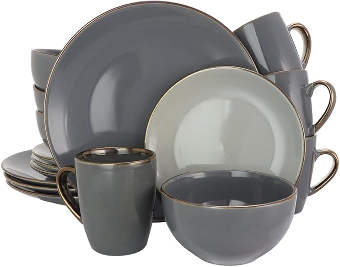 16 Pieces Dinnerware Set in Stone Slate Round Tableware Household Bowl and Dish Combination