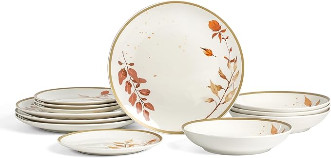 Stone Lain Maple 12-Piece Dinnerware Set Porcelain Plates and Bowls Set Dishwasher and Microwave Safe Dish Set for 4 White
