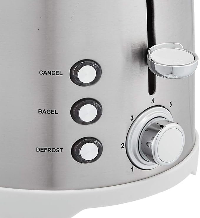 Amazon Basics 2 Slice Cool Touch Stainless Steel Toaster with 7 Browning Settings Extra Wide Slots (for Bagels Waffles Specialty Breads) Removable Crumb Tray Cancel Button 800W Brushed Silver