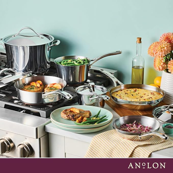Anolon Nouvelle Stainless Steel Cookware Pots and Pans Set 10 Piece