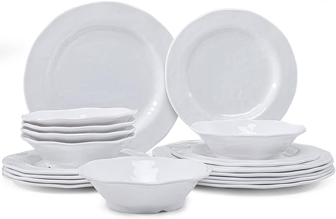 LEHAHA Basic White Melamine Dinnerware Sets 18 Piece melamine dishes set Service for 6 Plates and Bowls Sets Great for Indoor and Outdoor Use Dishwasher safe…
