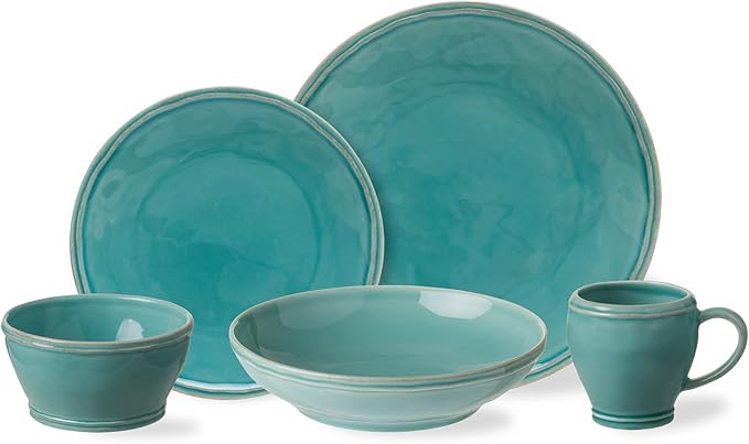 Casafina Ceramic Stoneware 5-Piece Place Setting Service for 1 - Fontana Collection Turquoise | Microwave &amp Dishwasher Safe Dinnerware Set | Food Safe Glazing | Restaurant Quality Tableware