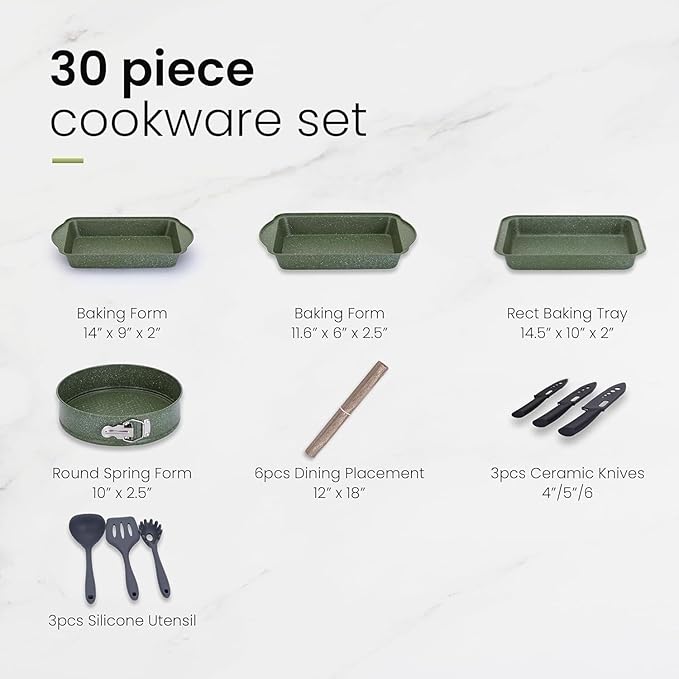 Pots and Pans Set Nonstick 30 Pieces Induction Kitchen Cookware and Bakeware Sets Green Granite Coating Cooking Pans Set