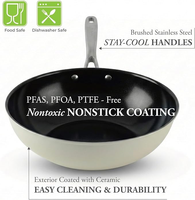 TeChef ValenCera Collectioin | Ceramic Nonstick Flat Bottom Wok Stir Fry Pan with Lid Nontoxic - Free of PFOA PTFE PFAS Induction Ready Oven Safe Made in Korea (Wok/Stir Fry Pan with Lid 12-in)