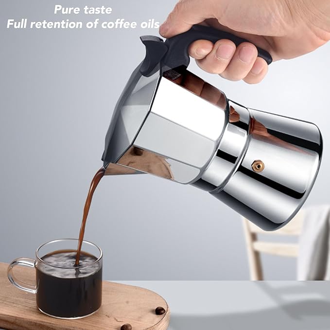 Yosoo Crafted Stainless Steel Italian Coffee Maker Rich Full Bodied Flavor Uniform Heat Distribution Stovetop Easy to and Rustproof Ideal for Home or Outdoor Use (6 Cups 300ML)