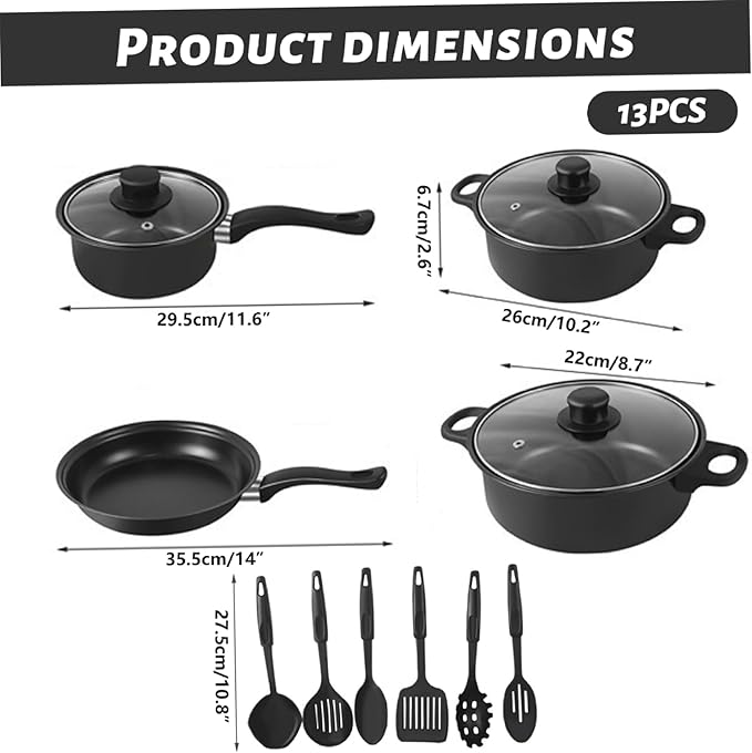 Non Stick Pots and Pans Set 13 Piece Cookware Set with Frying Pans Saucepan Lids Spoon Spatula and Accessories for Home Kitchen Cooking Non Stick Cookware for Daily Use