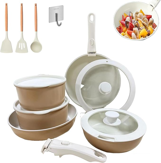 Pots and Pans Set Non Stick Cookware Set with Detachable Handles 5/11 Piece Ceramic coating Cooking Set with Frying Pan Saucepan Stock Pot Suitable for All Stovetops Dishwasher Safe (Coffee11)