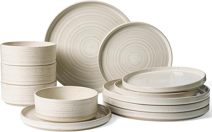 Stoneware Dinnerware Sets Plate and Bowl Sets for 4 12 Pieces Spiral Straight Dishware with Speckles and Reactive Glaze Microwave Dishwasher Safe Family Tableware Shell Beige