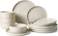 Stoneware Dinnerware Sets Plate and Bowl Sets for 4 12 Pieces Spiral Straight Dishware with Speckles and Reactive Glaze Microwave Dishwasher Safe Family Tableware Shell Beige