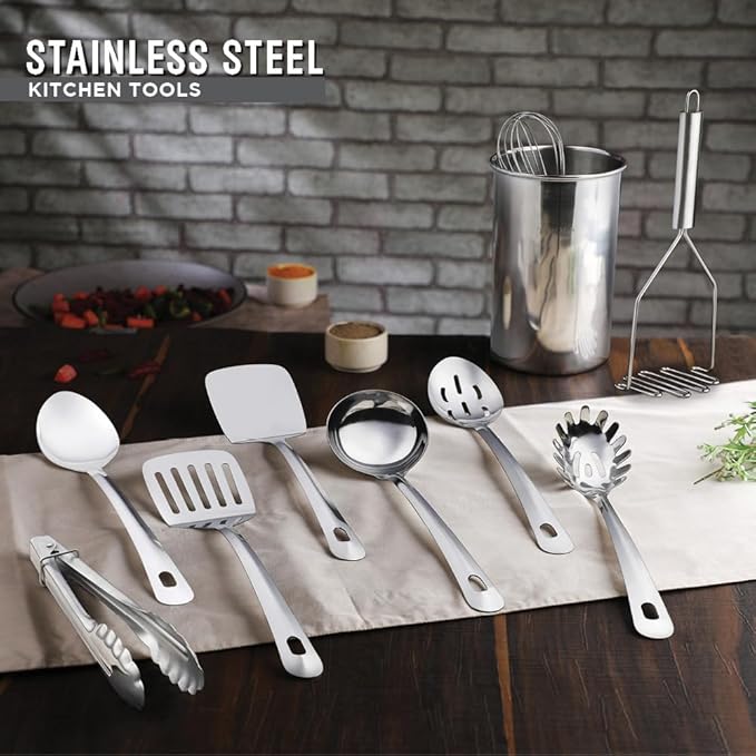 Avador® Premium Set of 10 Stainless Steel Kitchen Tool Set with Holder Easy To Clean Space Saving Great for Cooking Baking Prepping