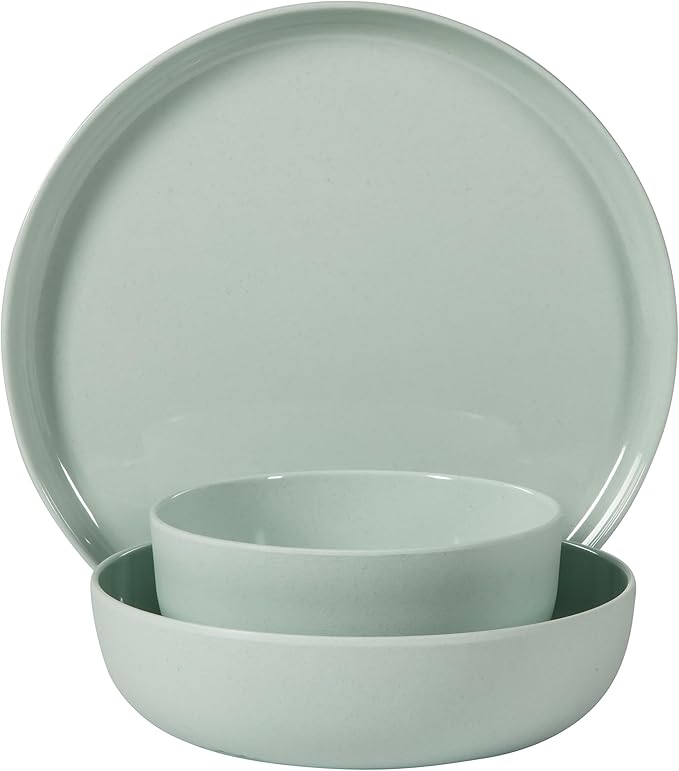 Gibson Home Candy Skies 12 Piece Unbreakable Wheat Straw Melamine Plates and Bowls Dinnerware Set - Outdoor Camping &amp Everyday Use - Matte Exterior/Shiny Interior Green