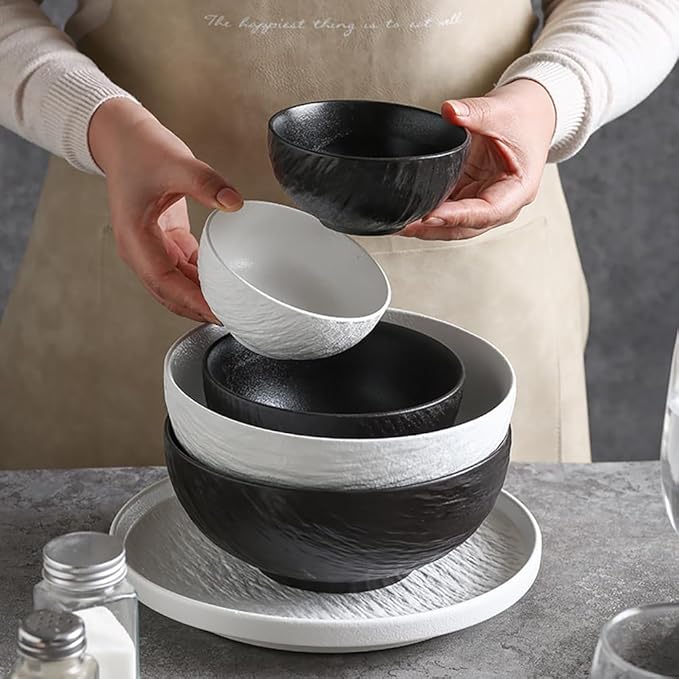 Wabi Sabi Stone Texture Ceramic Dinnerware Set 16-Piece Matte Bowl &amp Plate Set - 10” &amp 8” Plates Bowl Cups - Minimalist Stoneware for Modern Dining (Black/White) (black)