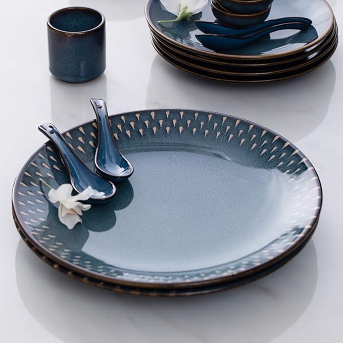 Dinner Plates Creativity Ceramics Dinner Sets 26 Pieces Blue Nordic Style Porcelain Combination Set - Bowl/Dish/Spoon | Kiln Glaze Dinnerware for Restaurant Box