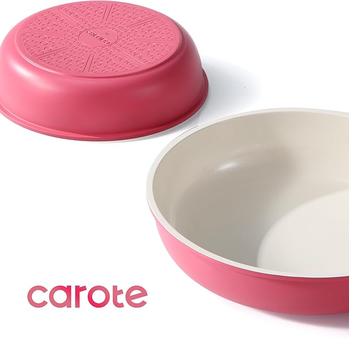 CAROTE 18Pcs Ceramic Cookware Set with Detachable Handle Pots and Pans Set Non Stick Non Toxic Kitchen Cooking Sets with Stand-Up Lid PFAS and PFOA Free Oven Safe Induction Ready Pink