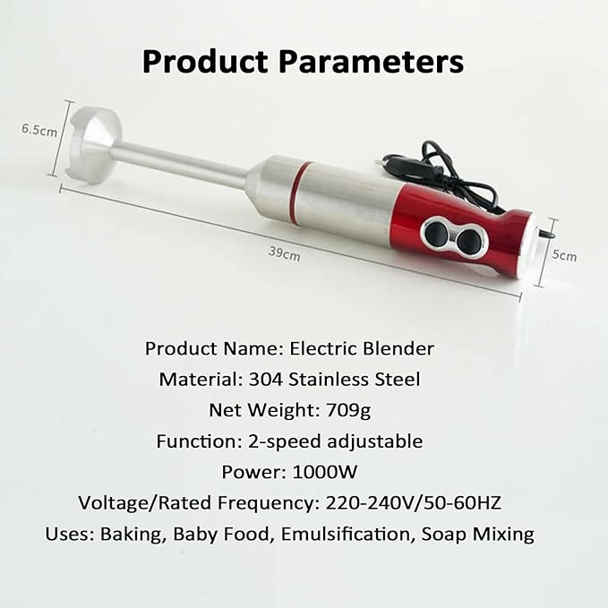 1000W Hand Removable Blender Electric Immersion Blender 2 Adjustable Speeds Stick Blender with Stainless Steel Blades for Baby Food Soups and Purees