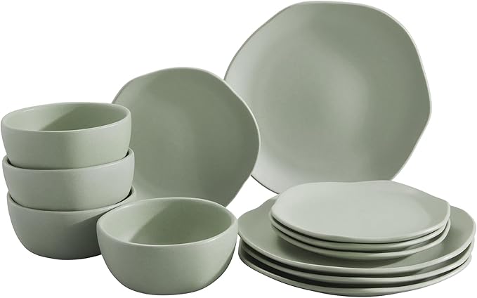 Corona Olivo ceramic dinnerware Set 12–piece Plates and Bowls Sets for 4 organic shape light green.