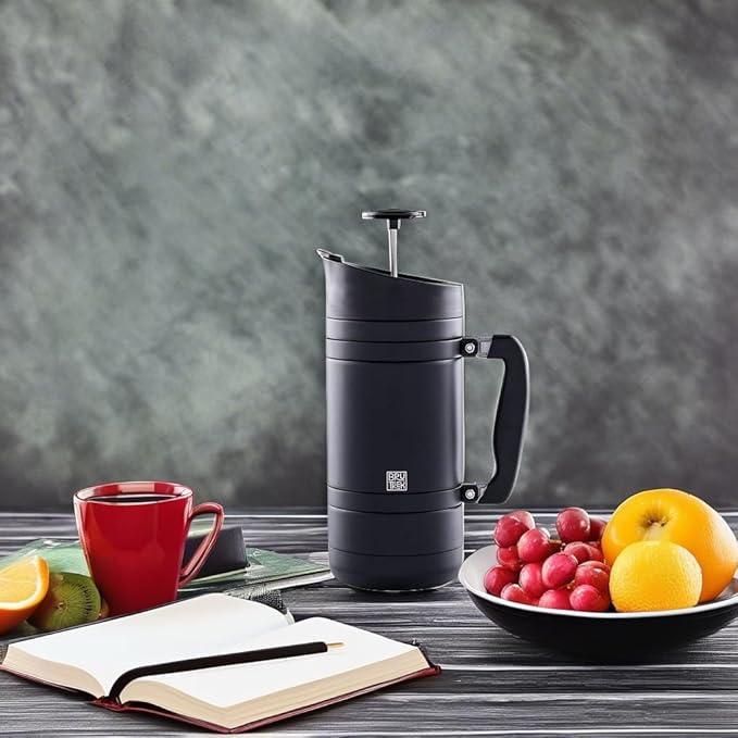 BruTrek® by Planetary Design BaseCamp Coffee Press - Double Wall Insulated Stainless Steel - Bru-Stop Technology No Grounds in Coffee No Spill Lid (Obsidian 48 fl.oz)