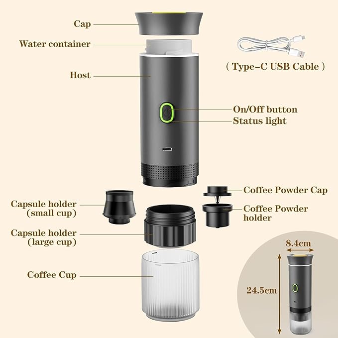 CAFFETTO - Portable 3-in-1 Coffee Maker (Capsule &amp Ground) - USB-C self-heating espresso machine - 20-bar pump pressure 7500mAh battery - One-touch operation detachable parts - Grey