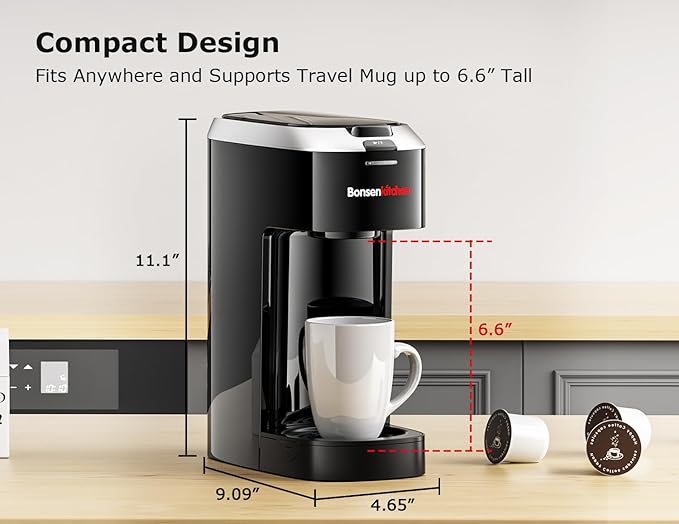 Bonsenkitchen Single Serve Coffee Maker K Cup Pod with 6-14oz Brew Size- 3 Min Fast Brewing Machine with Strength Control BPA-free Materials Fits 6.6 Travel Mugs Silver Upgrade