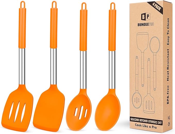 Pack of 4 Silicone Cooking Utensils Set Non Stick Large Solid Spatulas Heat Resistant Slotted Spoons Ideal BPA Free Kitchen Turners for Frying MixingServingDrainingTurningStirring (ORANGE)