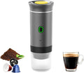Mini Electric Espresso Coffee Machine Small Self-Heating Portable Car Coffee Maker with Capsule and Ground Coffee for Office RV Travel Camping Hiking (gray)