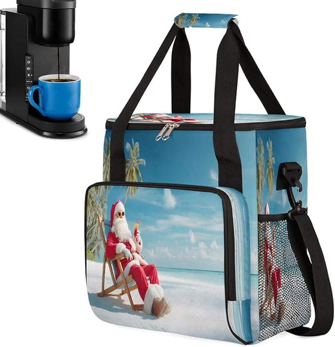 Merry Christmas Funny Santa Claus Beach Coffee Maker Carring Bag Travel Carrying Storage Tote Bag Compatible with Keurig K-Mini or K-Mini Plus Portable Single Serve Coffee Brewer Case with Pockets