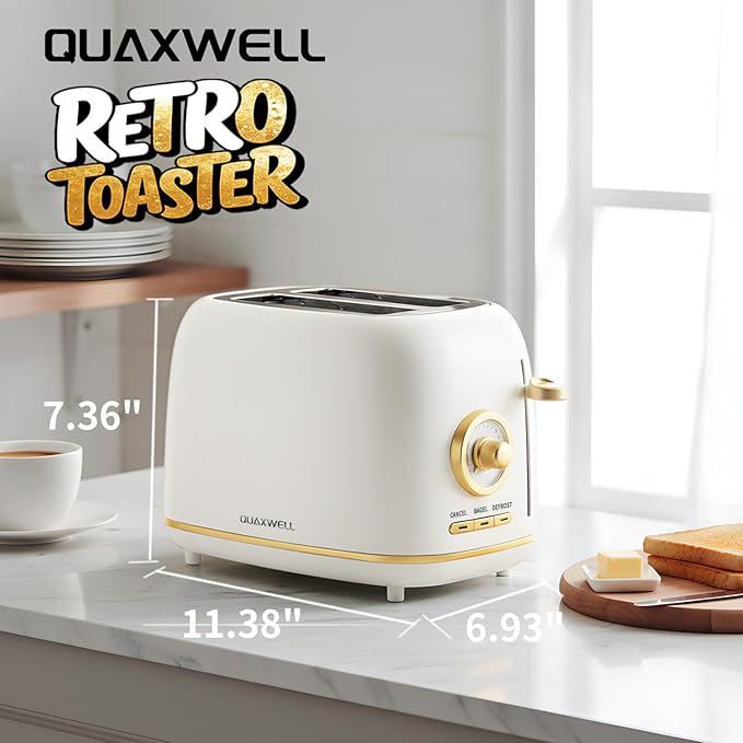 2-Slice Toaster Wide Slots 7 Bread Shade Settings Stainless Steel Bagel Cancel and Defrost Functions Removable Crumb Tray Retro Style ToasterMatte White and Gold