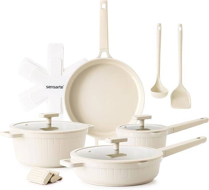 SENSARTE Ceramic Cookware Set Non-toxic 14 Pcs Nonstick Pots and Pans Set Dishwasher Safe Induction Cookware Healthy Kitchen Cooking Set PFOA/PFAS/PTFE Free